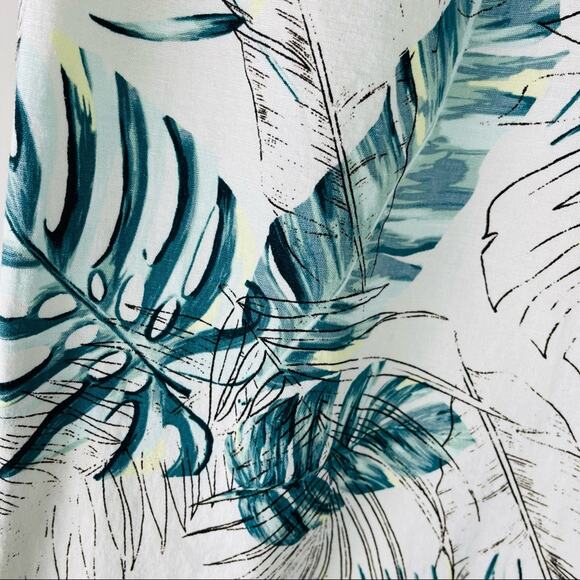 Cream green palm leaf tropical linen wide leg high waisted cropped pants large - Picture 7 of 9